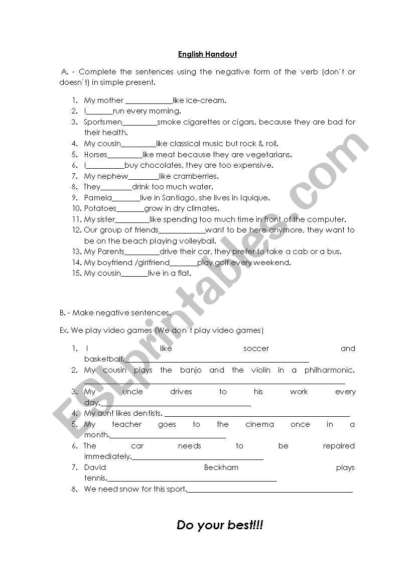 English Handout tHe use Of dont and doesn`t